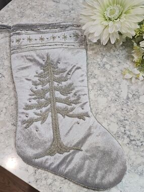 Elegant Silver Velvet Christmas Stocking with Beaded Tree